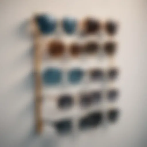 Elegant wall mounted rack showcasing a variety of stylish sunglasses